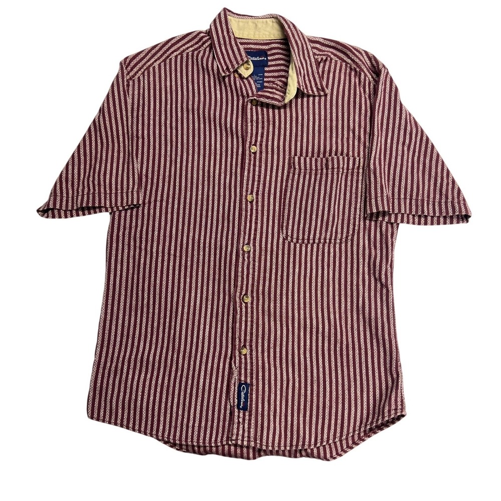 Catalina Mens Large Burgundy Tan Stripe Short Sleeve Button Up Shirt Cotton